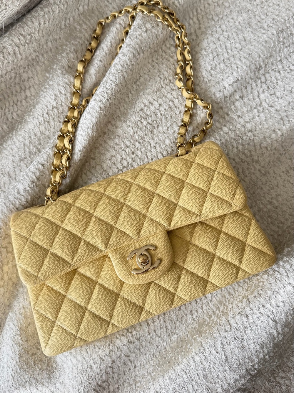 CHANEL Yellow Quilted Double Flap Shoulder Bag with Gold Hardware